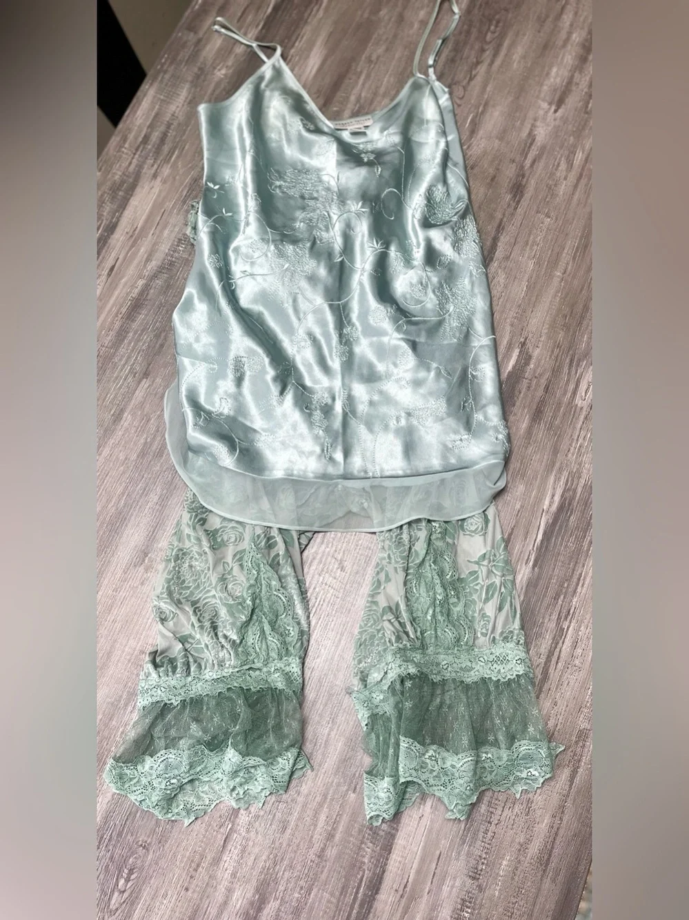 Morgan Taylor Mint Green Satin Camisole w Floral Embroidery Bloomers